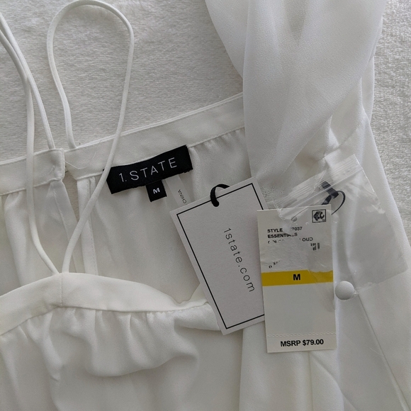 1. State Blouse High Neck Chiffon Sheer Blouson Sleeves Off Shoulder White M NWT - Picture 13 of 14